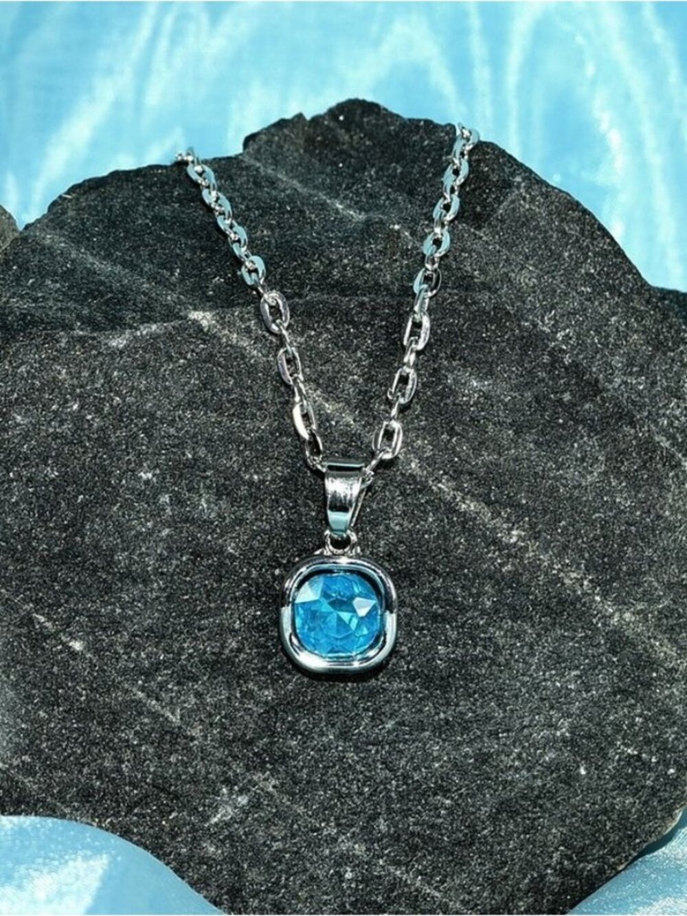 Jemma Topaz Blue Color Square Crystal Pendant Necklace Gift Packaged